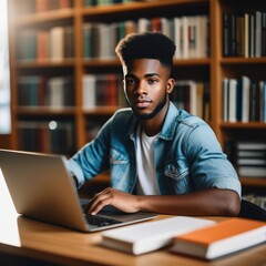 Student guy in the library studying on a laptop