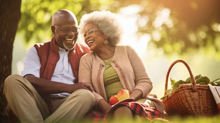 Fotobehang A content senior African American couple sitting on a checkered blanket, surrounded by a picnic basket and healthy snacks, under the shade of a large tree in a park © Artbotics