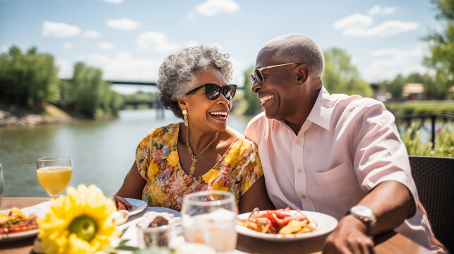 A content senior African American couple enjoying a riverside jazz brunch