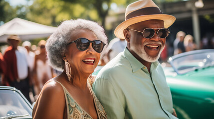 A content senior African American couple at an antique car show