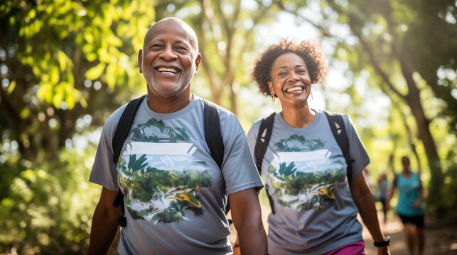 A content senior African American couple participating in a charity walkathon, wearing matching t-shirts and walking briskly.