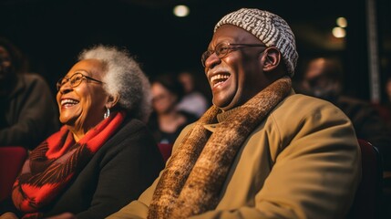 A content senior African American couple laughing in the audience of a community theater - obrazy, fototapety, plakaty