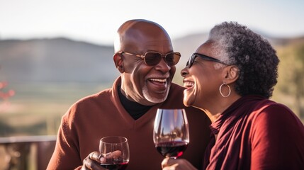 A content senior African American couple at a wine tasting event
