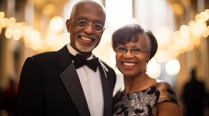 A content senior African American couple at a charity fundraiser gala, dressed in their finest attire.