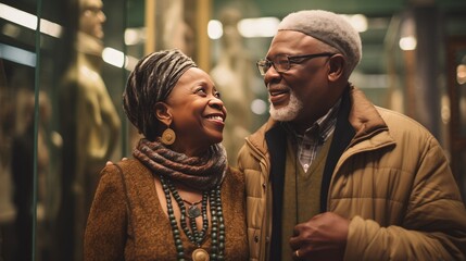 A content senior African American couple on a guided tour of a historical museum