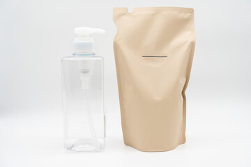 Plastic packaging for refill pouch and Plastic pump bottle in isolated background. Zero waste....