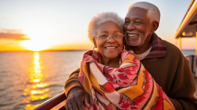 A content senior African American couple on a sunset cruise, standing at the railing.