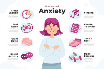 Tips for anxiety. Woman hugging herself. Mental health concept. Infographic of psychology help. Mood disorder. Vector illustration in flat cartoon style. Avoid Treatment
