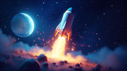 Spaceship 3d cartoon illustration takes off into the night sky on a mission. Rocket starts into space. 