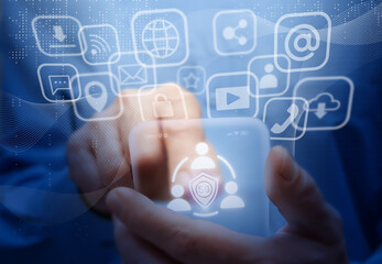 Man holds virtual mobile phone. Symbols and icons of 5G mobile internet, social networks, emails, cloud storage, multimedia services and so on. Mobile communication network concept