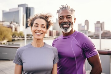 Fototapeta premium Adult international couple in sports outfits looking at camera with energetic cheerful smile. Happy loving mature man and woman jogging or exercising outdoors. Healthy lifestyle in urban environment.