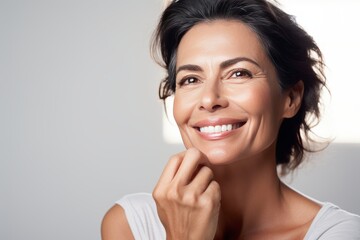 Close-up of middle-aged Caucasian woman touching her face to apply moisturizer. Smiling face of adult brunette lady with daily cream, facial cosmetics. Skin care. Grey background, copy space. - obrazy, fototapety, plakaty