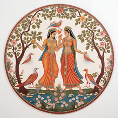 Devi Handicrafts, Mughal Ladies, ladies in old dress with birds in circular frame 