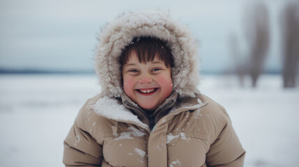 Portrait of a young, beautiful, smiling and happy child with Down syndrome in a jacket against the backdrop of a winter, snowy landscape.