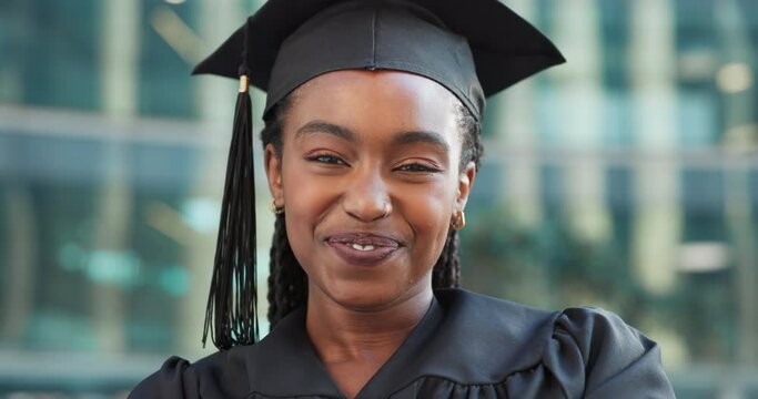 Face, achievement or black woman with graduation, education or celebration with scholarship, robe or university. Portrait, person or academic with student, happiness or smile with degree and success