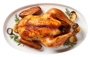Roasted chicken on white plate isolated.