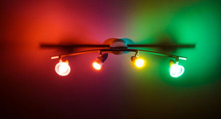 red and green light bulbs on the ceiling
