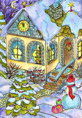 Christmas and New Year watercolor illustration with cute decorated cottage house, winter garden, conifer and snowman outside. Seasonal greeting card background.