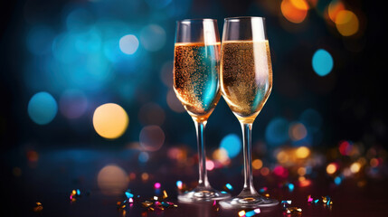 A two glass of sparkling wine on a colorful confetti on blur festive background - obrazy, fototapety, plakaty