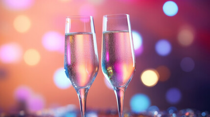 A two glass of sparkling wine on a colorful confetti on blur festive background