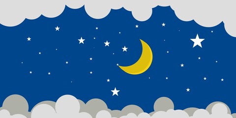 Obraz na płótnie Canvas Illustration of a crescent moon, stars and clouds, background of a night sky view
