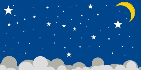 Illustration of a crescent moon, stars and clouds, background of a night sky view