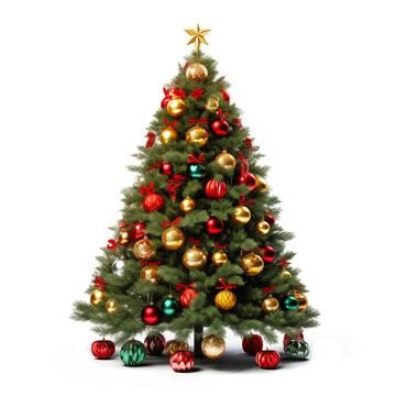 Decorated Christmas tree on transparent background. PNG