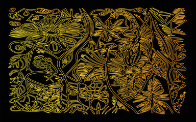 Yellow color Hand drawn floral minimal elements in line art style