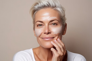 Close-up of middle-aged Caucasian woman touching her face to apply moisturizer. Smiling face of adult grey haired lady with daily cream, facial cosmetics. Skin care. Grey background, copy space.