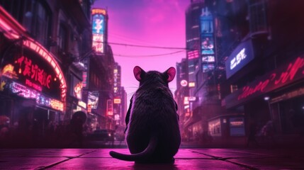 Midnight Explorer: A Lone Rat's Silhouette Against the Urban Glow