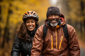Elderly smiling couple in safety helmets riding bicycles together to stay fit and healthy. African American seniors having fun on a bike ride in autumn park. Retired people lead active lifestyle. - obrazy, fototapety, plakaty