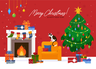 Christmas stocking on fireplace and gift boxes. Christmas long socks for Santa Claus presents. Christmas fireplace scene concept in flat design. Merry Christmas and Happy New Year. Winter holidays.