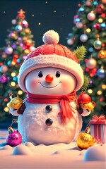 Snowman with christmas tree and lights on background. 3d illustration.