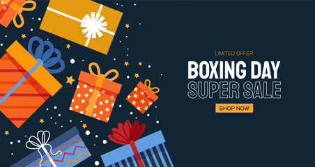 Boxing Day Concept. Different gift boxes for Santa Claus presents. Happy New Year. Winter holidays. Flat style