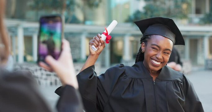 Smartphone, graduation and photography with a student, certificate and university with social media. People, black woman or girl with cellphone, picture or education with degree, post and college