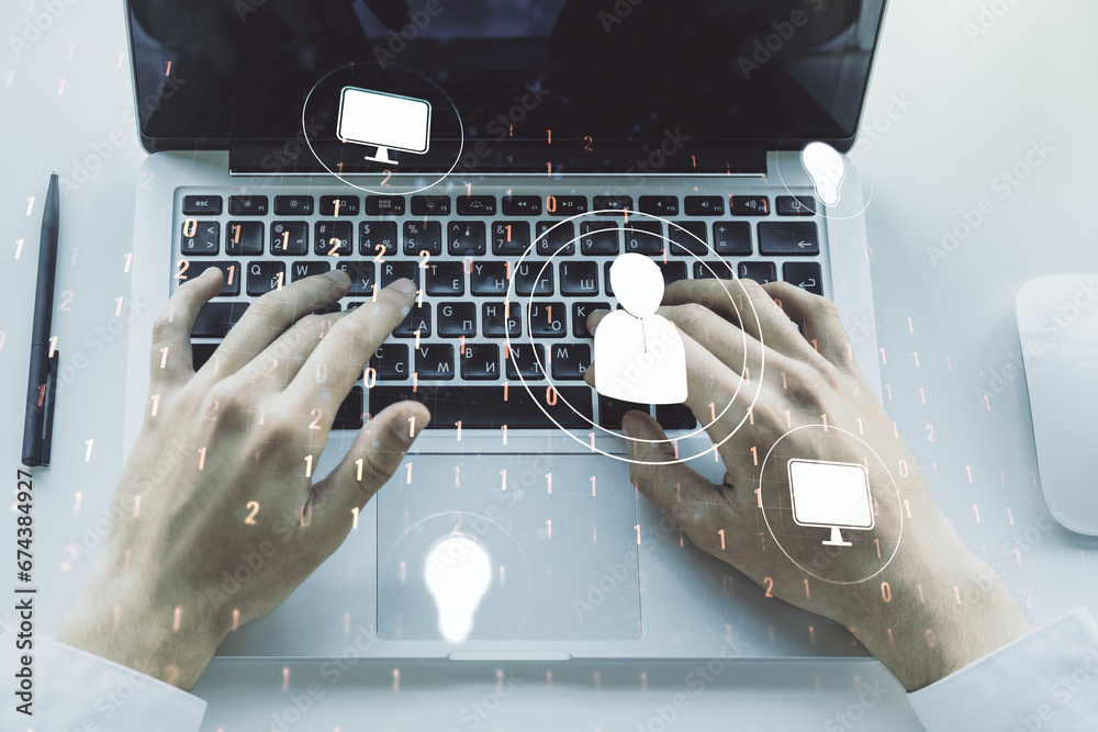 Poster Social network media concept with hands typing on computer keyboard on background. Double exposure