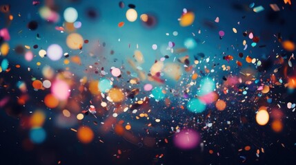 A festive and colorful party with flying neon confetti on a purple, red and blue background - obrazy, fototapety, plakaty