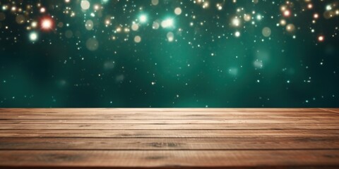 Naklejka na ściany i meble Empty old wooden table over magic dark green glitter Christmas background