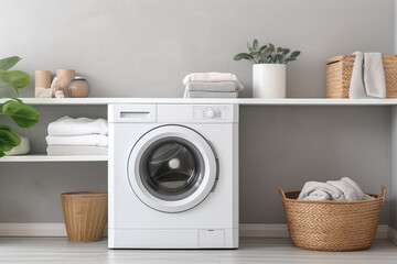 Laundry room interior with washing machine and basket with clean towels and accessories
