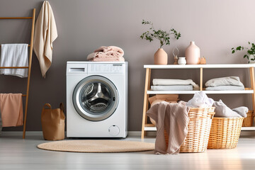 Laundry room interior with washing machine and basket with clean towels and accessories - obrazy, fototapety, plakaty