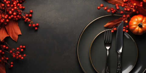 Thanksgiving card mockup with plate, pumpkins on dark grunge table, top view