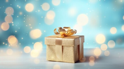 Golden gift present on a light blue background with colorful bokeh and stars glittering