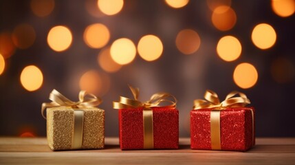 Golden gift presents on a light dark red background with colorful bokeh and stars glittering