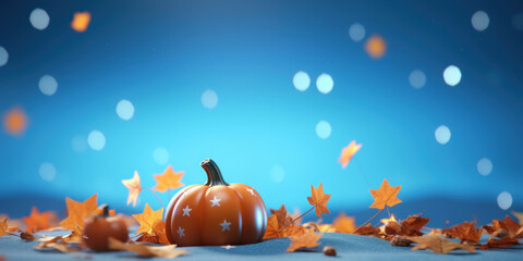 Naklejka na ściany i meble Pumpkins with fall leaves against a starry blue sky