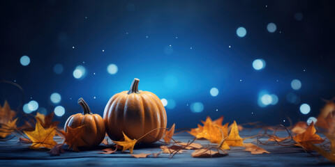 Pumpkins with fall leaves against a starry blue sky
