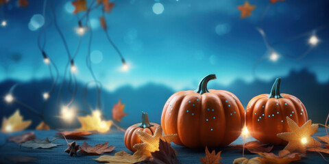 Naklejka na ściany i meble Pumpkins with fall leaves against a starry blue sky