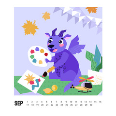 The dragon is sitting in the classroom, drawing a picture with paint. Fall season. Cute Dragon cartoon mascot character. Happy New Year of the Dragon.