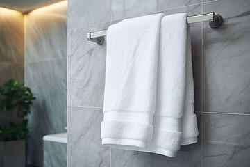 White towel hanging on the wall in the bathroom, Bathroom interior design