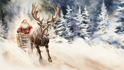 Santa Claus with a deer and a sled   in snowy winter forest watercolor christmas greeting card,