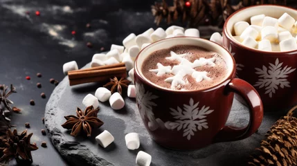 Abwaschbare Fototapete Two cups of hot chocolate with marshmallows © tashechka